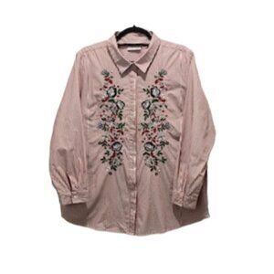 JOAN RIVERS Womens Red Striped Button Down Gorgeous Floral Embroidery Size L Top